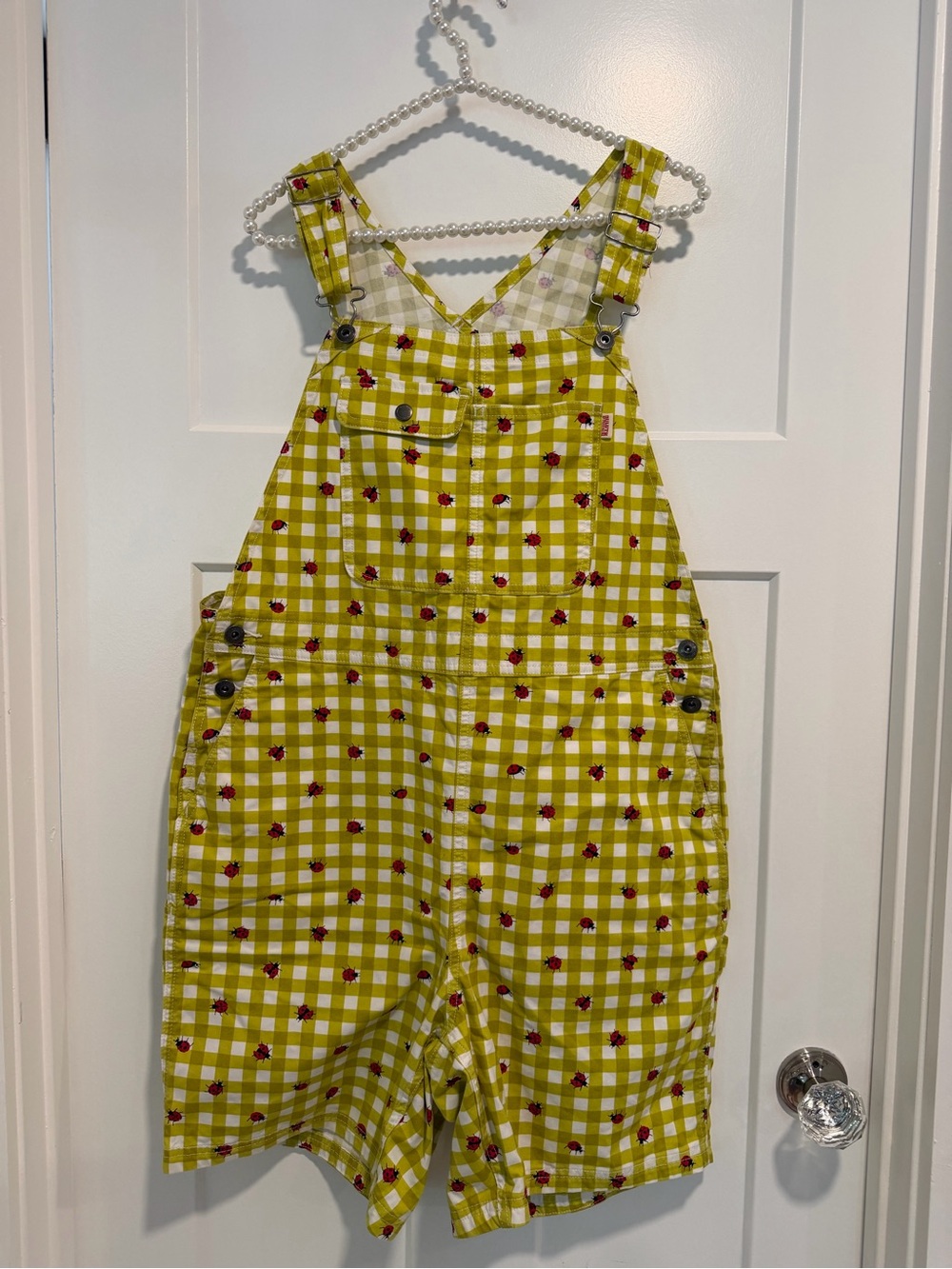 Duluth Trading Co Yellow Gingham Ladybug Short Overalls